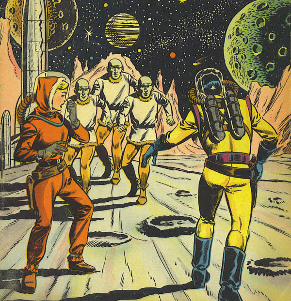 A man, a woman, and three aliens