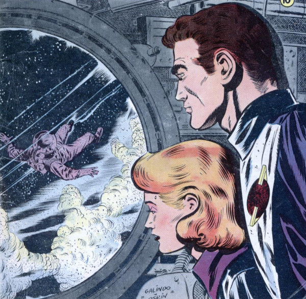 Two characters looking out of a porthole on a space ship