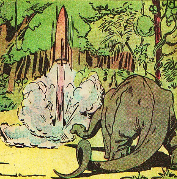 A dinosaur watching a rocket land