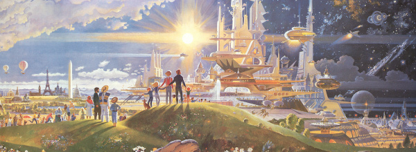 People and a futuristic city